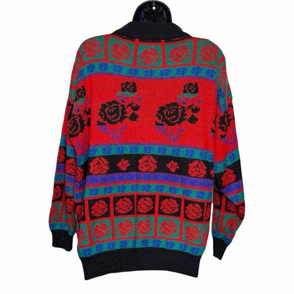 VINTAGE 80s 90s SWEATER XMAS ROSE STRIPE RETRO COTTAGE BY JOAN HARPER SIZE L - Picture 3 of 5